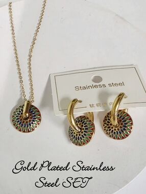 3pc SET Gold-Plated Multicolor Enamel Disc Necklace & Hoop Earring Set